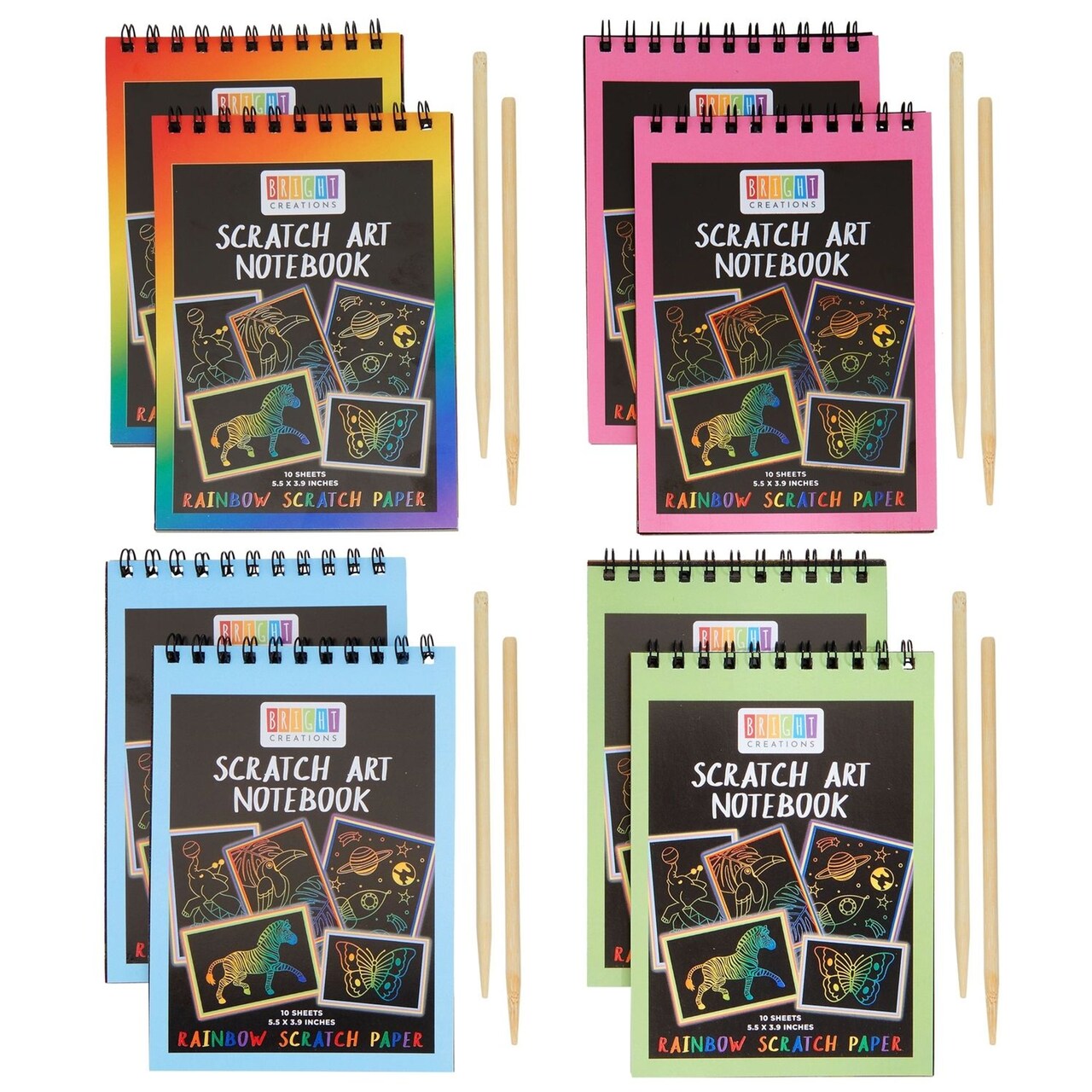 Bright Creations 8 Pack Rainbow Scratch Paper Pads for Kids Ages 8-14 with Wooden Styluses, 10 Sheets (5.5 x 3.9 In)